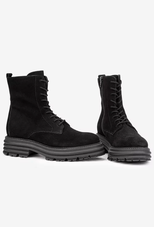 Ghete dama din piele intoarsa neagra cu siret si fermoar