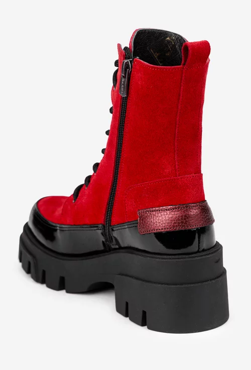 Ghete dama din piele intoarsa rosie cu detaliu negru