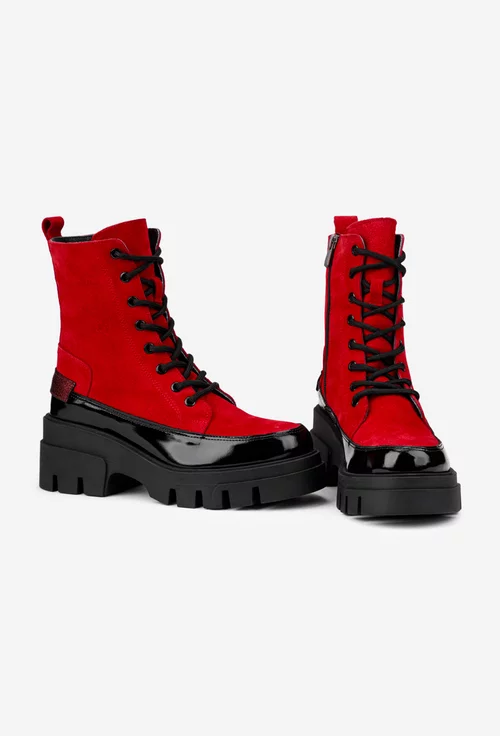 Ghete dama din piele intoarsa rosie cu detaliu negru