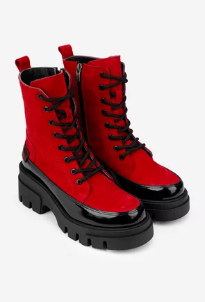 Ghete dama din piele intoarsa rosie cu detaliu negru