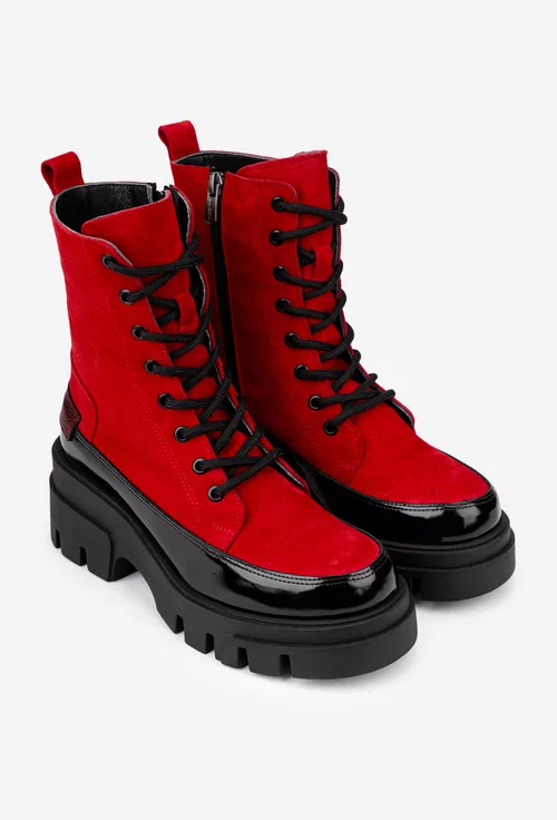 Ghete dama din piele intoarsa rosie cu detaliu negru