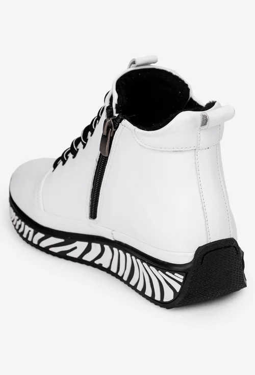 Ghete dama din piele naturala alba cu detalii negre