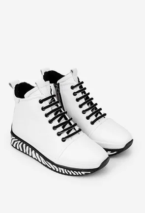 Ghete dama din piele naturala alba cu detalii negre