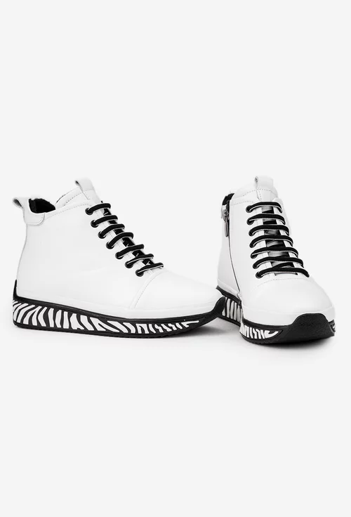 Ghete dama din piele naturala alba cu detalii negre