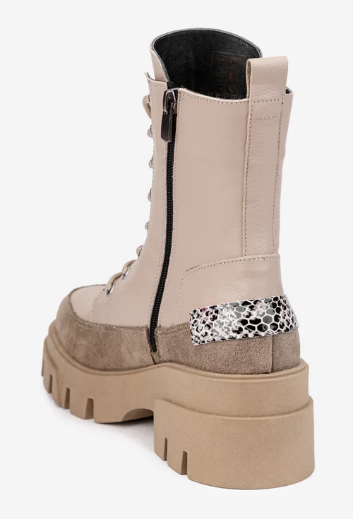 Ghete dama din piele naturala bej cu detaliu piele intoarsa