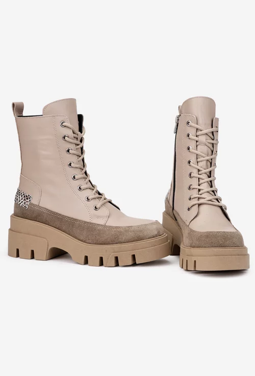 Ghete dama din piele naturala bej cu detaliu piele intoarsa