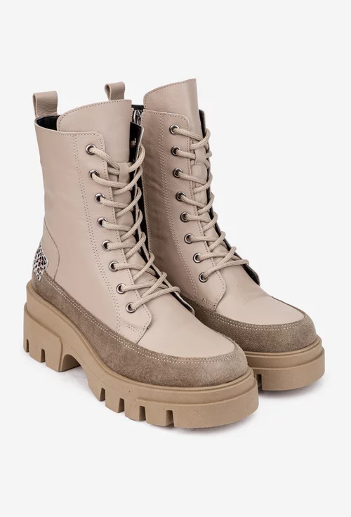 Ghete dama din piele naturala bej cu detaliu piele intoarsa