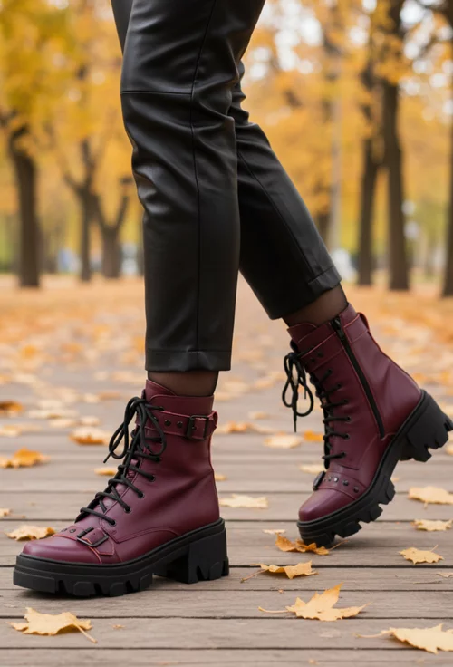 Ghete dama din piele naturala burgundy accesorizate