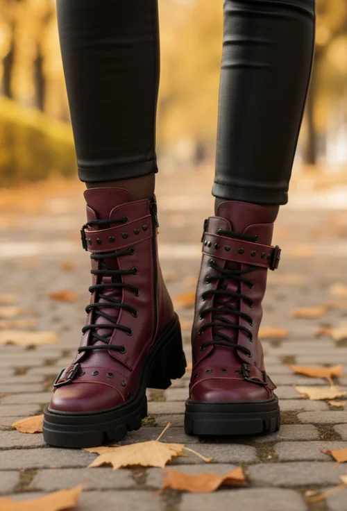 Ghete dama din piele naturala burgundy accesorizate
