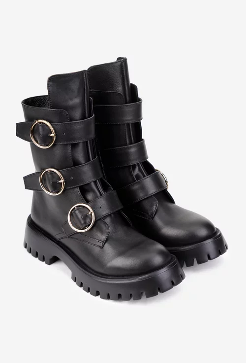 Ghete dama din piele naturala neagra accesorizate
