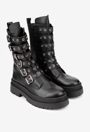 Ghete dama din piele naturala neagra cu barete