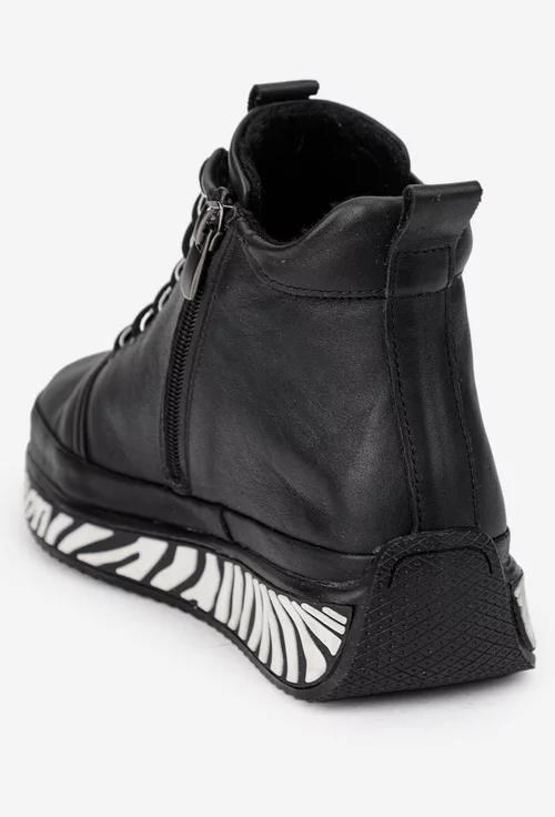 Ghete dama din piele naturala neagra cu detalii albe