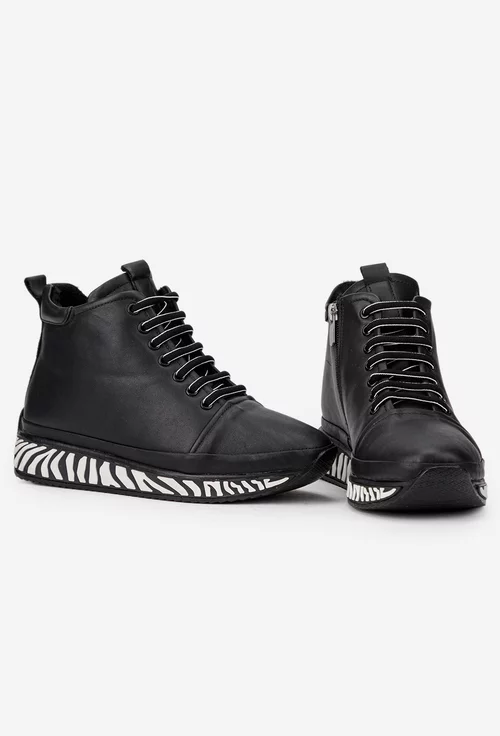 Ghete dama din piele naturala neagra cu detalii albe