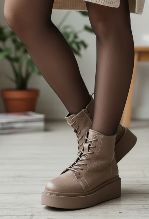 Ghete dama din piele texturata taupe