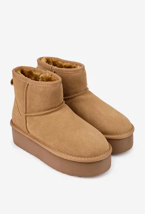 Ghete dama imblanite NUR din piele intoarsa maro cu talpa inalta