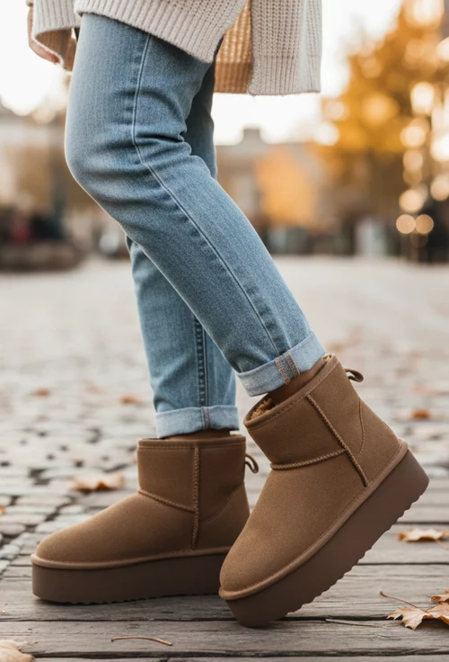 Ghete dama imblanite NUR din piele intoarsa maro cu talpa inalta