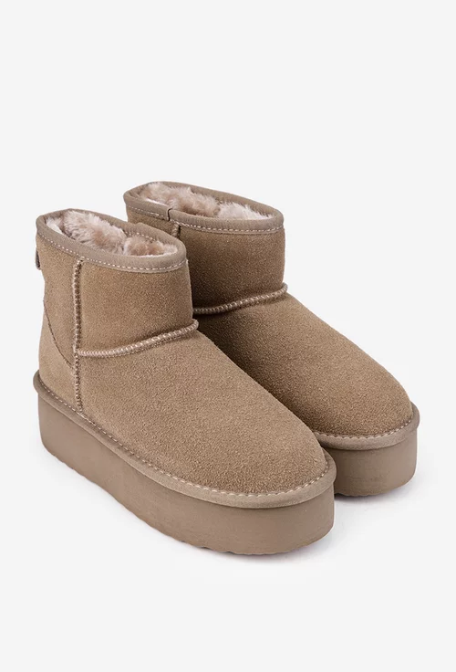 Ghete dama imblanite NUR din piele intoarsa taupe cu talpa inalta