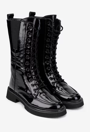 Ghete dama inalte din piele lacuita neagra