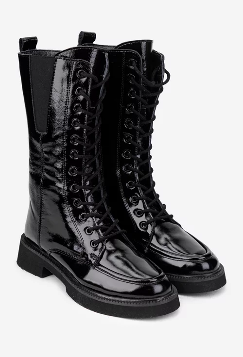 Ghete dama inalte din piele lacuita neagra