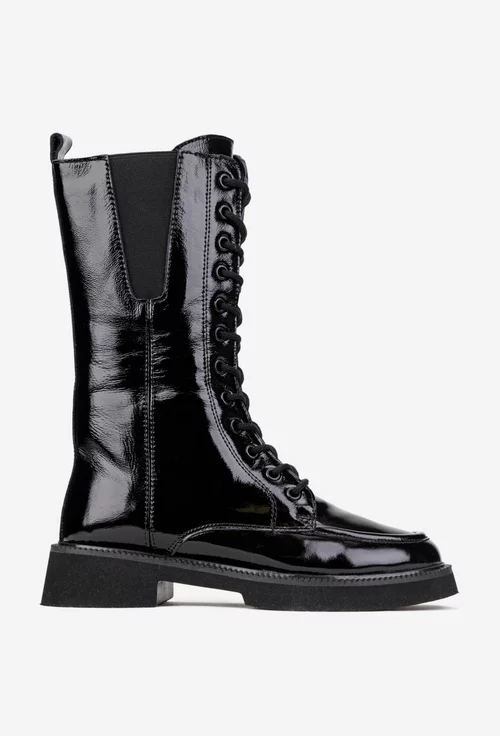 Ghete dama inalte din piele lacuita neagra
