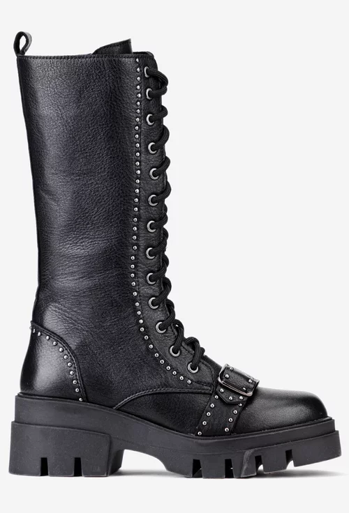 Ghete dama inalte din piele neagra accesorizate cu bumbi
