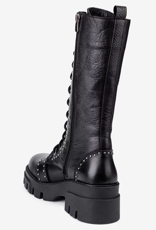 Ghete dama inalte din piele neagra accesorizate cu bumbi