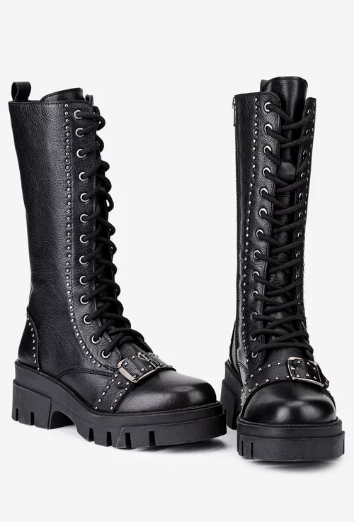 Ghete dama inalte din piele neagra accesorizate cu bumbi