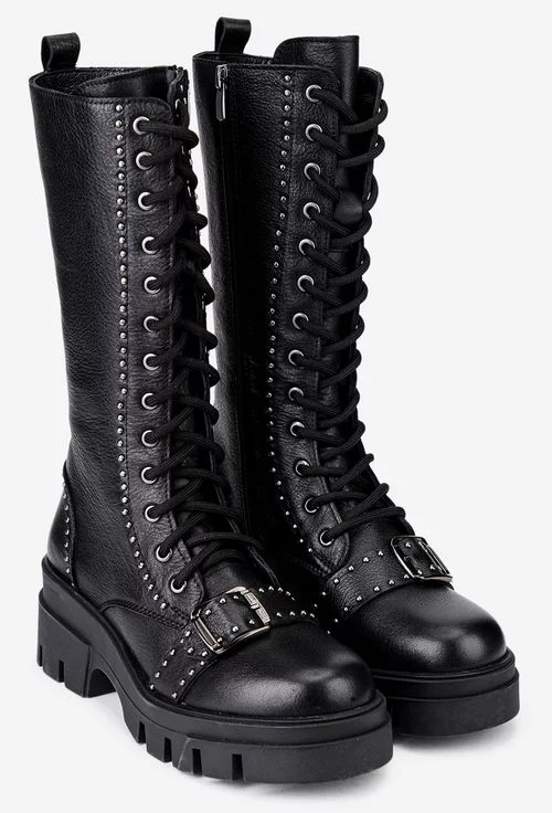 Ghete dama inalte din piele neagra accesorizate cu bumbi