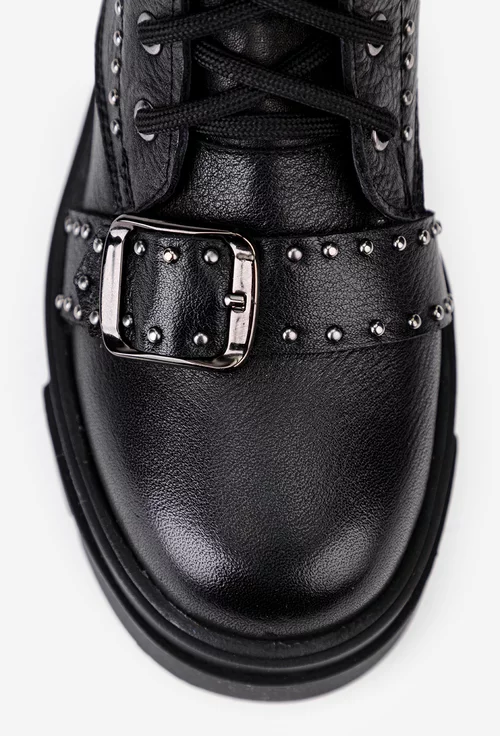 Ghete dama inalte din piele neagra accesorizate cu bumbi