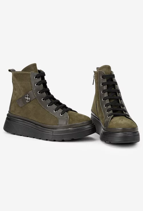 Ghete dama kaki din piele cu ornament