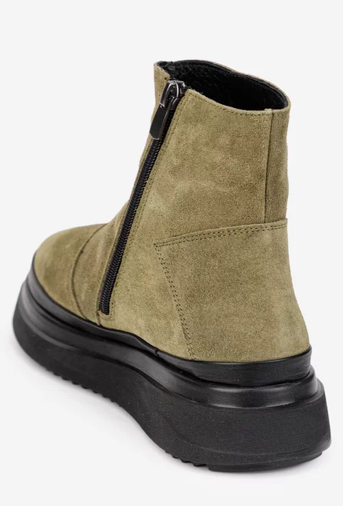 Ghete dama kaki din piele intoarsa cu fermoar