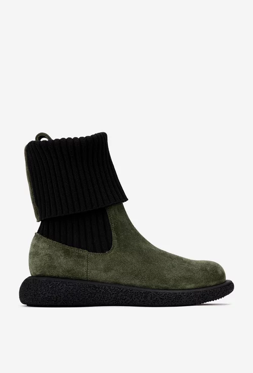Ghete dama kaki din piele intoarsa cu material textil negru
