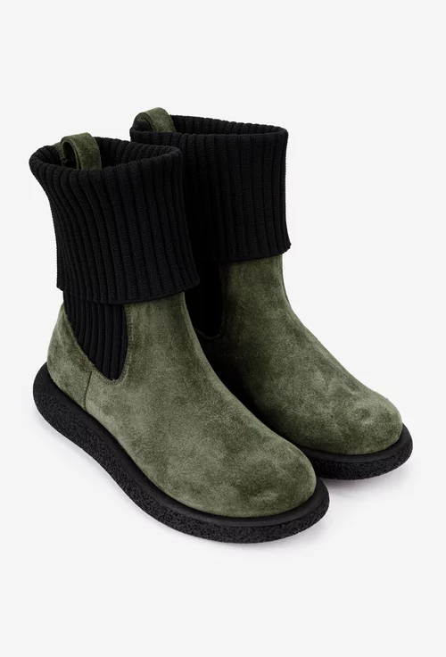 Ghete dama kaki din piele intoarsa cu material textil negru