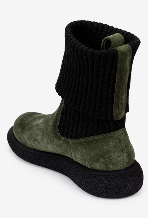 Ghete dama kaki din piele intoarsa cu material textil negru