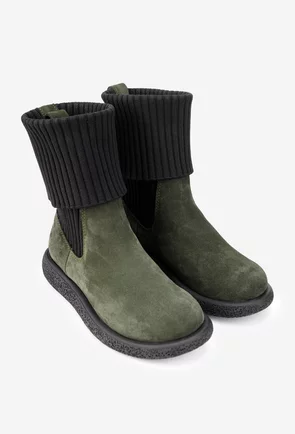 Ghete dama kaki din piele intoarsa cu material textil negru