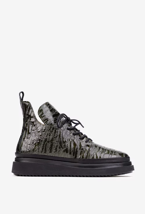 Ghete dama kaki din piele lacuita cu model