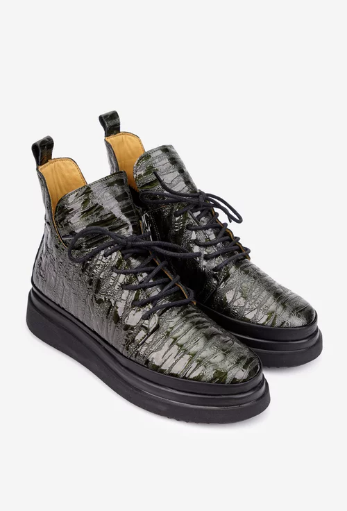 Ghete dama kaki din piele lacuita cu model