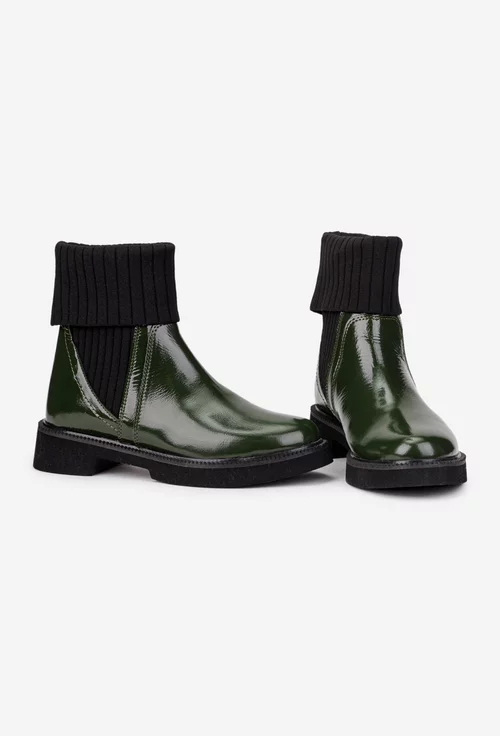 Ghete dama kaki din piele lacuita si material textil