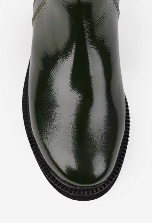 Ghete dama kaki din piele lacuita si material textil