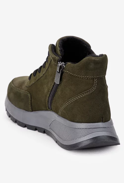 Ghete dama kaki din piele nabuc cu siret si fermoar lateral