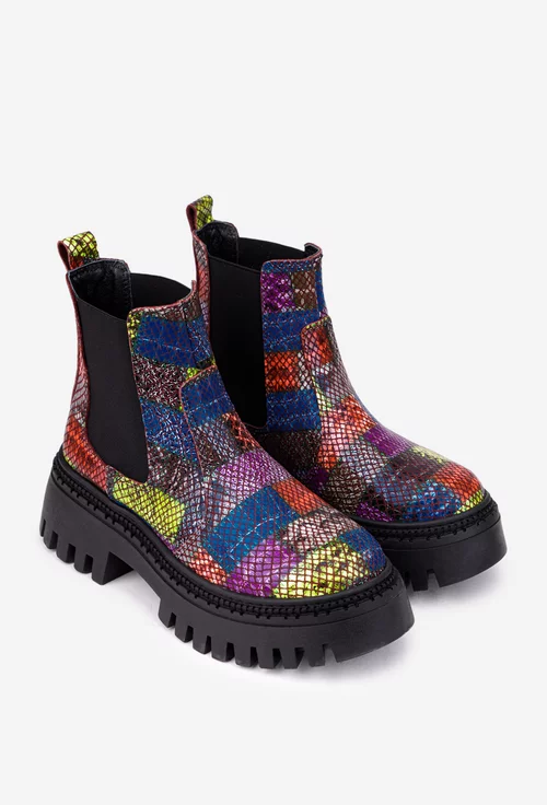 Ghete dama multicolore din piele cu elastic in laterale