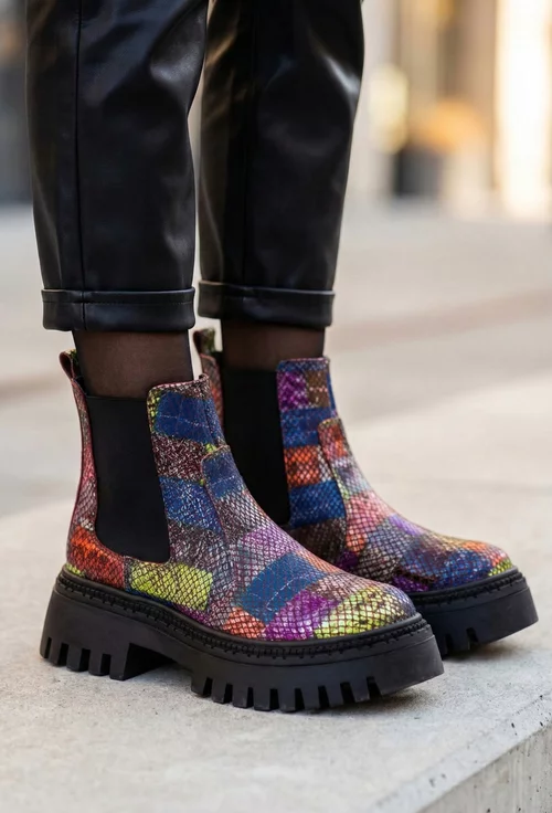 Ghete dama multicolore din piele cu elastic in laterale