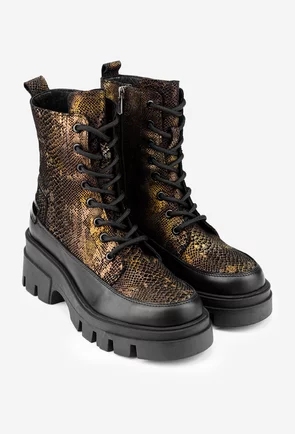 Ghete dama negre cu auriu din piele model snake print