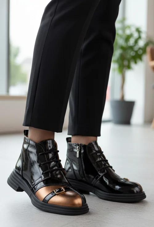 Ghete dama negre cu bronz din piele