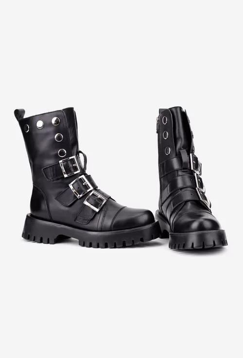 Ghete dama negre din piele accesorizate cu trei curele