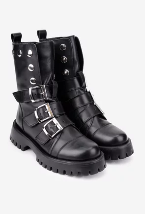 Ghete dama negre din piele accesorizate cu trei curele