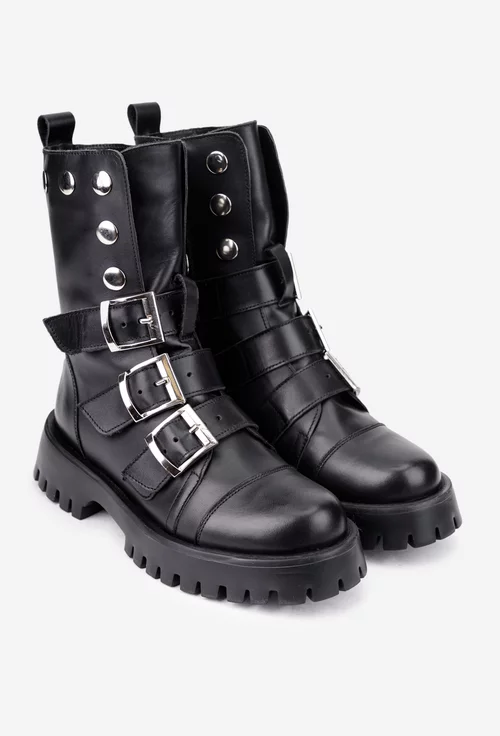 Ghete dama negre din piele accesorizate cu trei curele