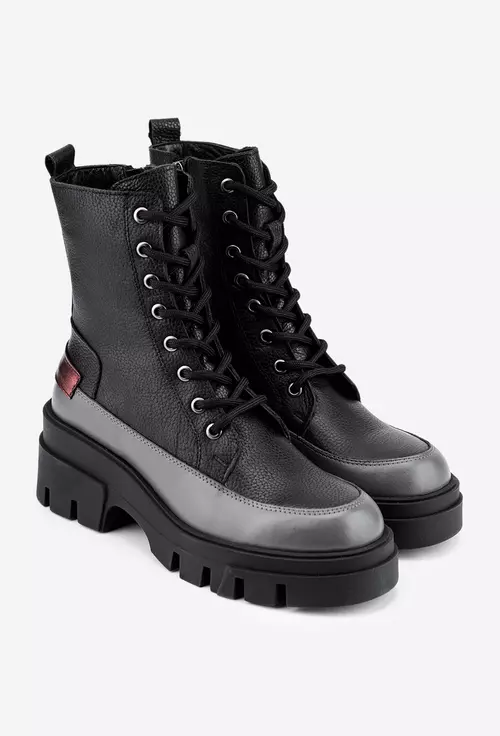 Ghete dama negre din piele cu detaliu gri