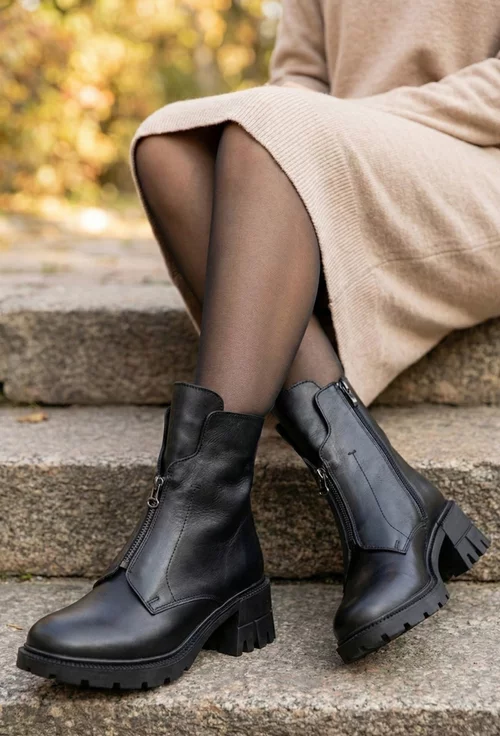 Ghete dama negre din piele cu fermoar decorativ in fata