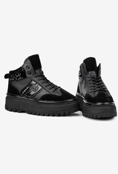 Ghete dama negre din piele cu imprimeu